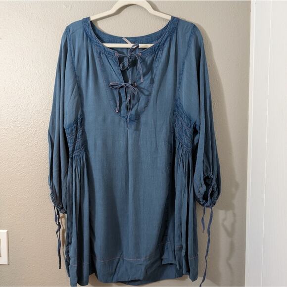 Free People Dresses & Skirts - Free People Gypsy Boho Romantics Bohemia Peasant Blouse Dress Rayon Blue Medium